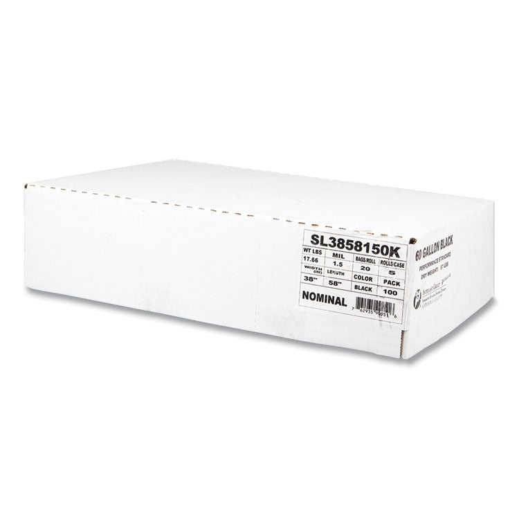 Low-Density Commercial Can Liners, 60 gal, 1.5 mil, 38" x 58", Black, Interleaved Roll, 20 Bags/Roll, 5 Rolls/Carton