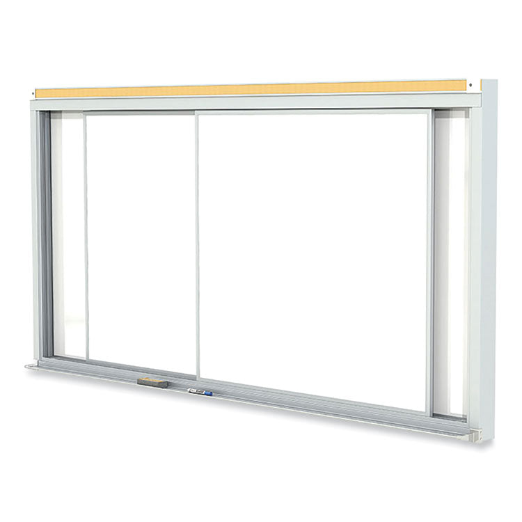 Horizontal Sliding Porcelain Magnetic Whiteboard, 120" x 48", White Surface, Satin Aluminum Frame