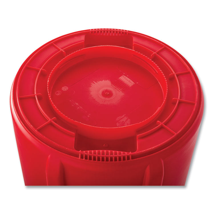 Vented Round Brute Container, 55 gal, Plastic, Red, 3/Carton