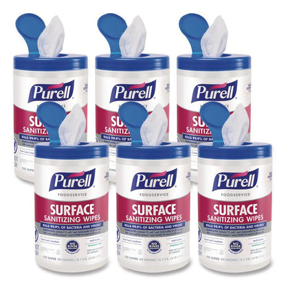 Foodservice Surface Sanitizing Wipes, 1-Ply, 10 x 7, Fragrance-Free, White, 110/Canister, 6 Canisters/Carton