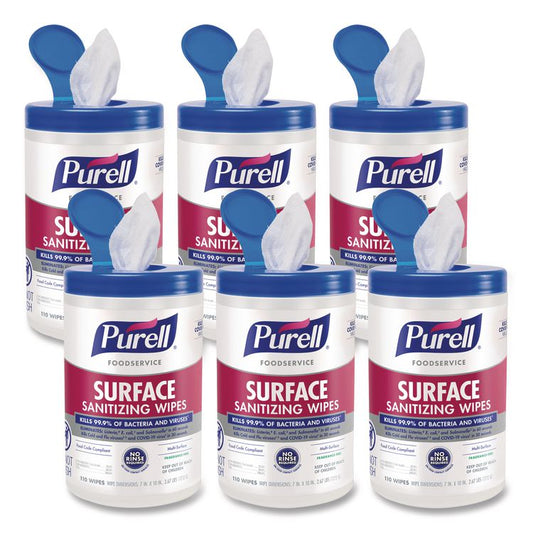 Foodservice Surface Sanitizing Wipes, 1-Ply, 10 x 7, Fragrance-Free, White, 110/Canister, 6 Canisters/Carton