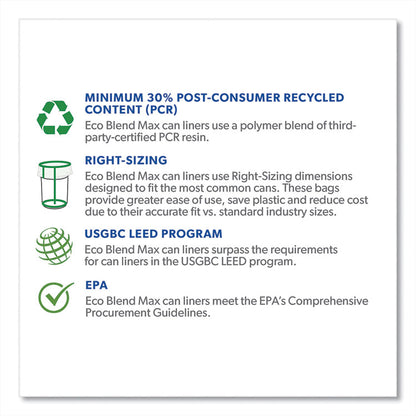 Eco Blend Max Can Liners, 23 gal, 0.8 mil, 28" x 45", Green, 25 Bags/Roll, 10 Rolls/Carton