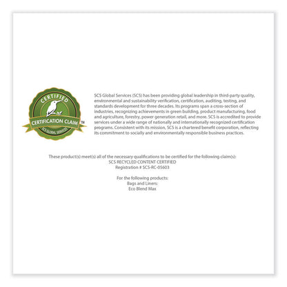 Eco Blend Max Can Liners, 60 gal, 0.8 mil, 38" x 58", Blue, 20 Bags/Roll, 5 Rolls/Carton