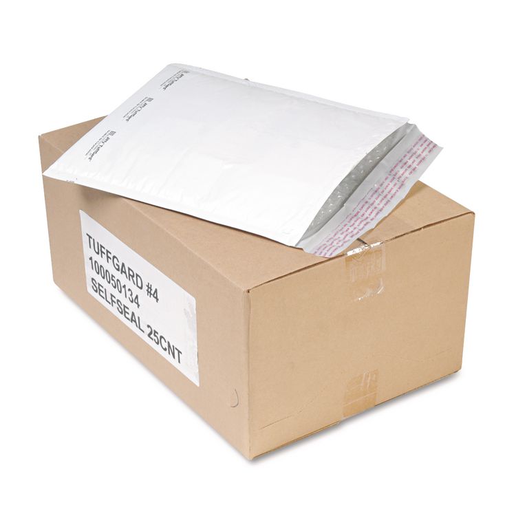 Jiffy TuffGard Self-Seal Cushioned Mailer,#4, Barrier Bubble Air Cell Cushion, Self-Adhesive Closure, 9.5 x 14.5, White,25/CT