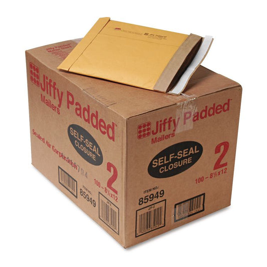 Jiffy Padded Mailer, #2, Paper Padding, Self-Adhesive Closure, 8.5 x 12, Natural Kraft, 100/Carton