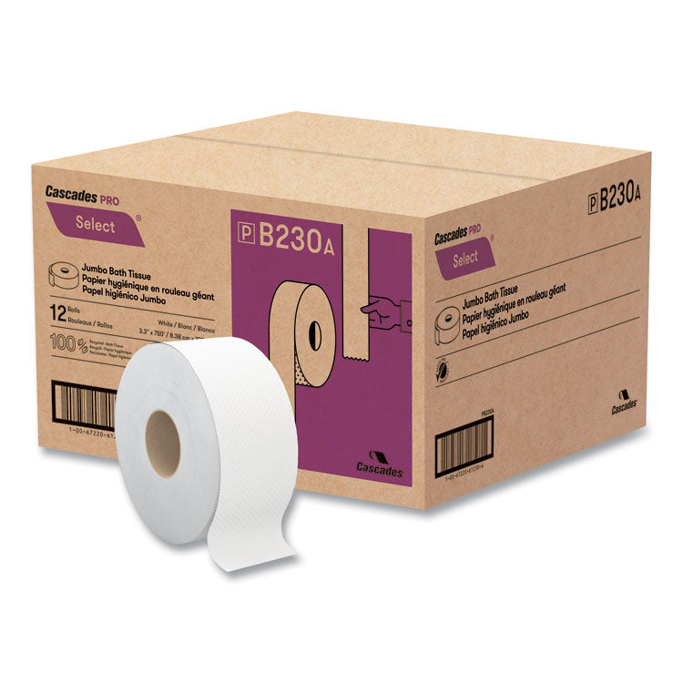 Select Jumbo Bath Tissue, Septic Safe, 2-Ply, 3.3" x 750 ft, White, 12 Rolls/Carton