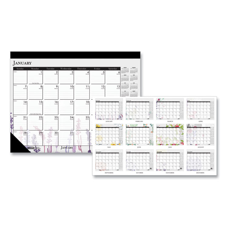 Recycled Desk Pad Calendar, Wild Flowers Artwork, 22 x 17, White Sheets, Black Binding/Corners,12-Month (Jan-Dec): 2026