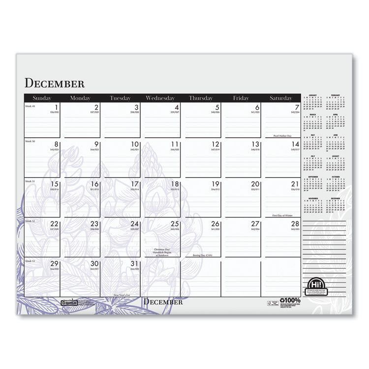 Recycled Desk Pad Calendar, Wild Flowers Artwork, 22 x 17, White Sheets, Black Binding/Corners,12-Month (Jan-Dec): 2026