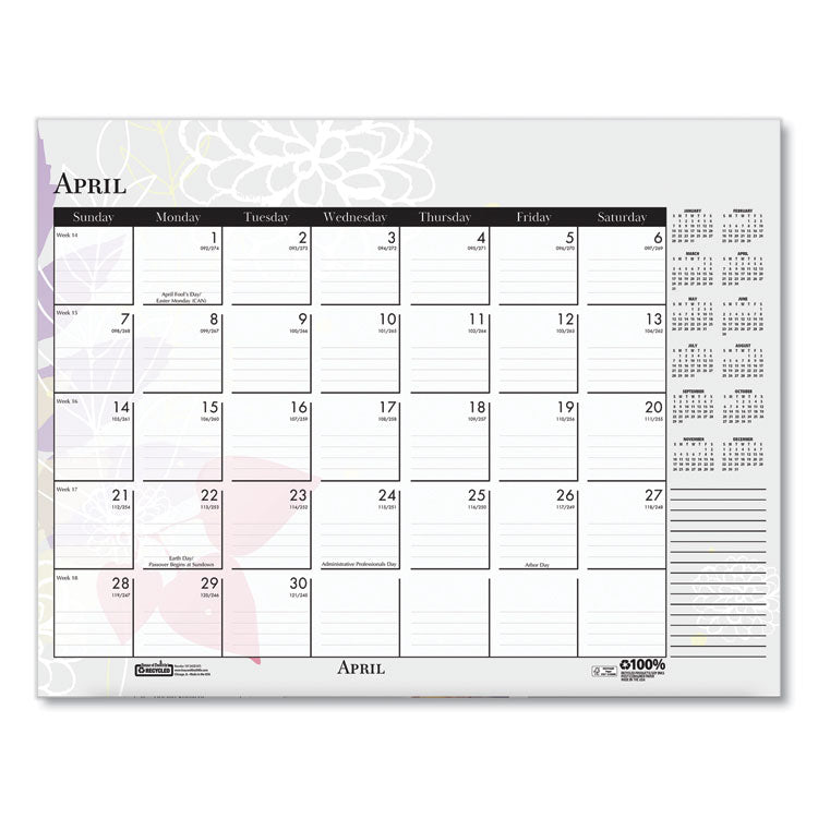 Recycled Desk Pad Calendar, Wild Flowers Artwork, 22 x 17, White Sheets, Black Binding/Corners,12-Month (Jan-Dec): 2026