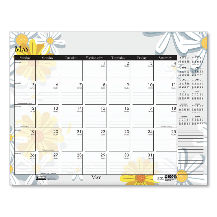 Recycled Desk Pad Calendar, Wild Flowers Artwork, 22 x 17, White Sheets, Black Binding/Corners,12-Month (Jan-Dec): 2026