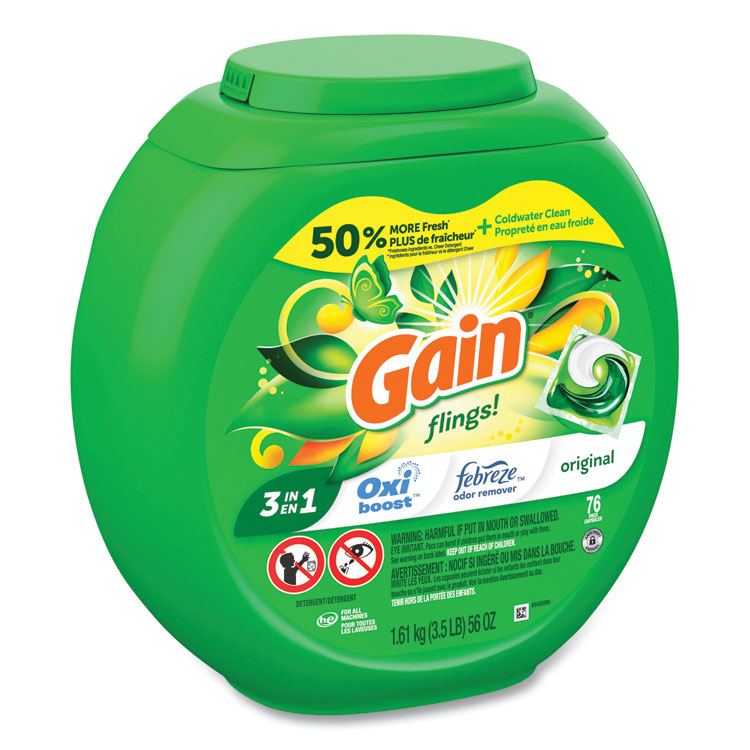 Flings Detergent Pods, Gain Original Scent, 76 Pods/Tub, 4 Tubs/Carton