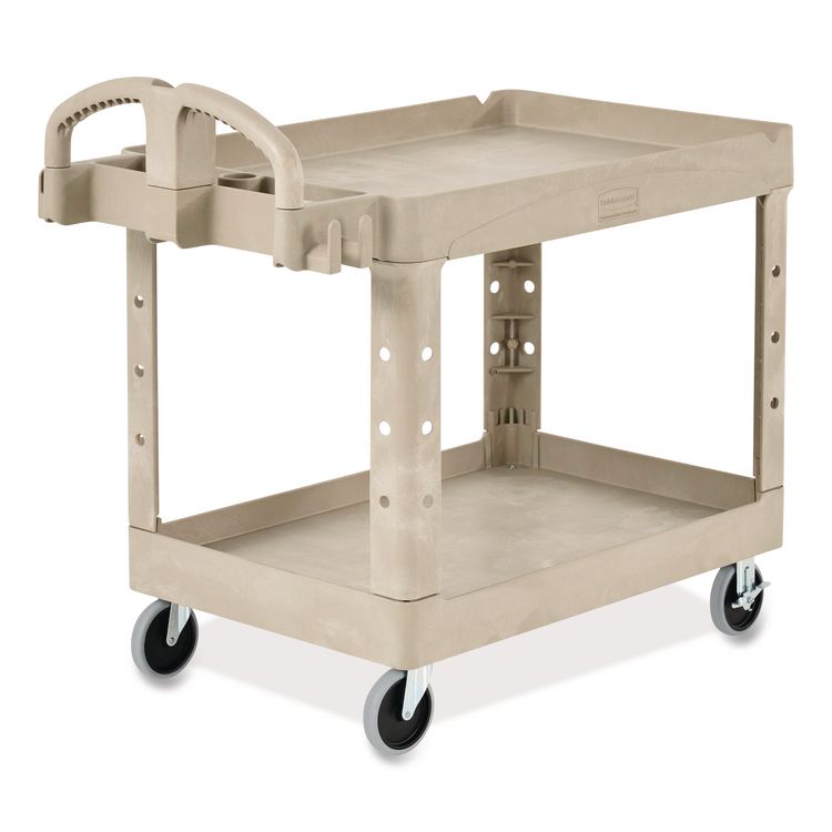 BRUTE Heavy-Duty Utility Cart with Lipped Shelves, Plastic, 2 Shelves, 500 lb Capacity, 25.9" x 45.2" x 32.2", Beige