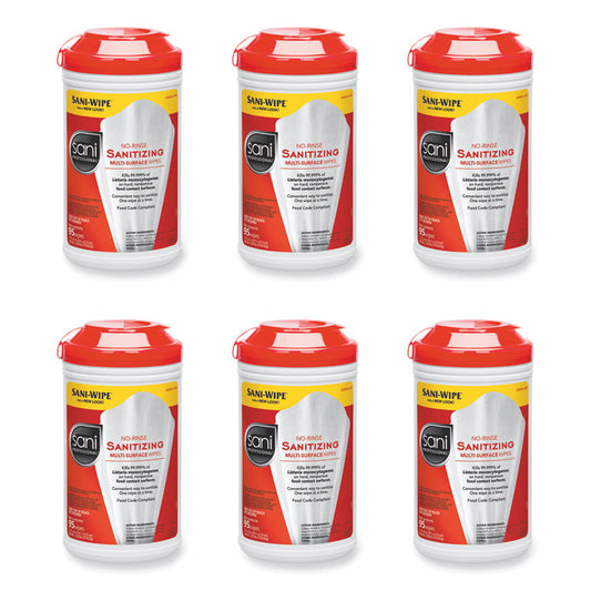 No-Rinse Sanitizing Multi-Surface Wipes, Unscented, White, 95/Container, 6/Carton