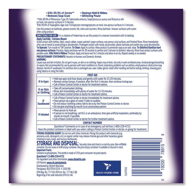 Mold and Mildew Remover with Bleach, Ready to Use, Unscented, 32 oz Spray Bottle