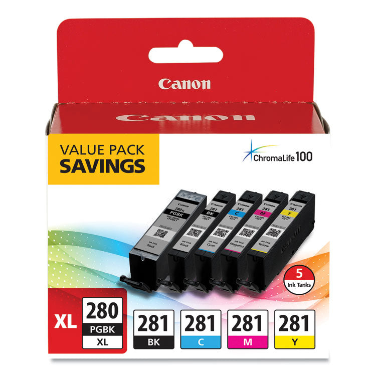 2021C007 (CLI-281, PGI-280 XL) ChromaLife100+ Ink, Black XL/Black/Cyan/Magenta/Yellow, 5/Pack