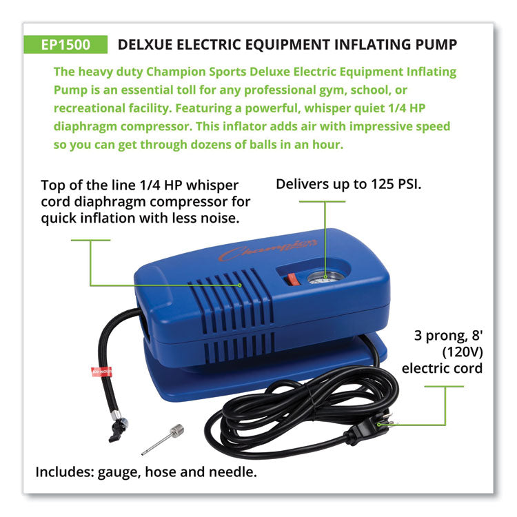 Electric Inflating Pump with Gauge, Hose and Needle, 0.25 hp Compressor, 50 psi, 8 ft Cord