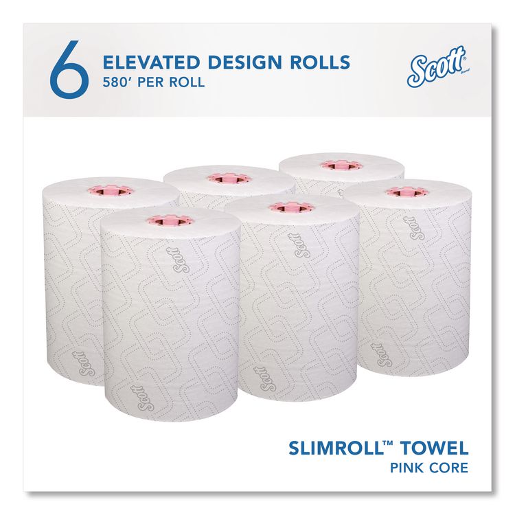 Slimroll Towels, 1-Ply, 8" x 580 ft, White/Pink Core, Traditional Business, 6 Rolls/Carton