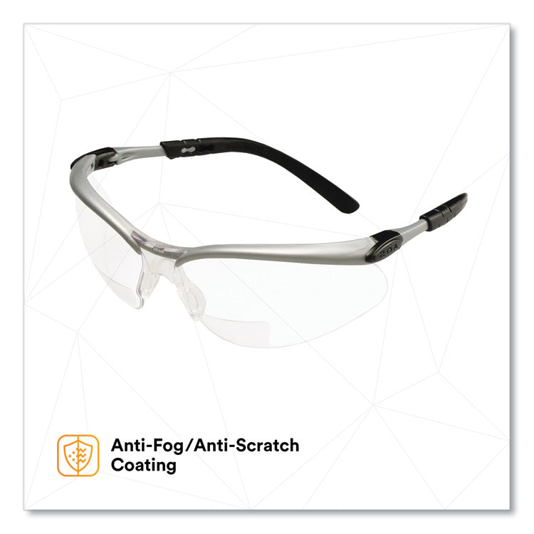 BX Molded-In Diopter Safety Glasses, 2.5+ Diopter, Silver/Black Half Frame, Clear Dual Lens