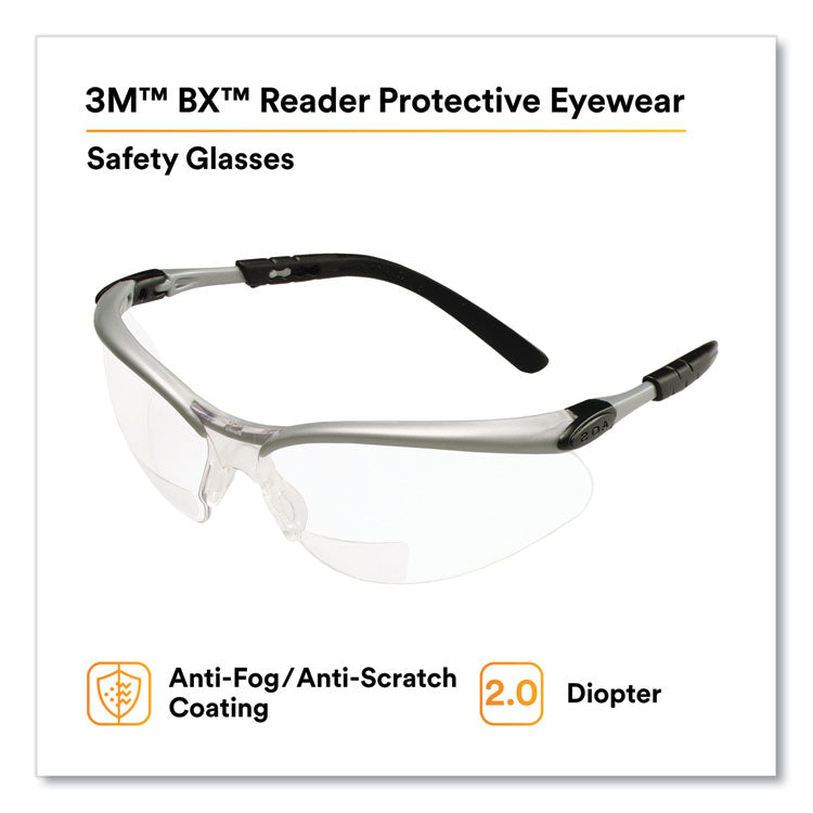 BX Molded-In Diopter Safety Glasses, 2.0+ Diopter, Silver/Black Half Frame, Clear Dual Lens