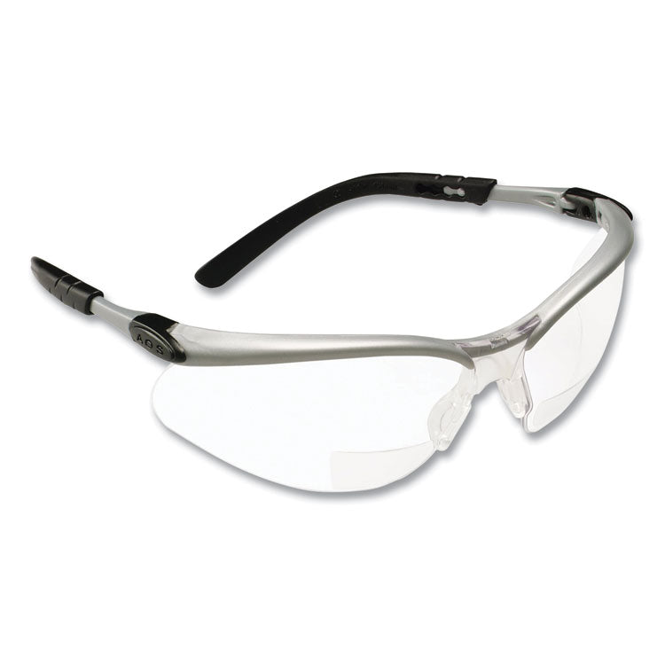 BX Molded-In Diopter Safety Glasses, 2.0+ Diopter, Silver/Black Half Frame, Clear Dual Lens