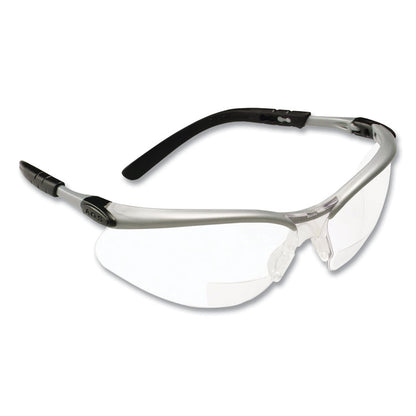 BX Molded-In Diopter Safety Glasses, 2.0+ Diopter, Silver/Black Half Frame, Clear Dual Lens