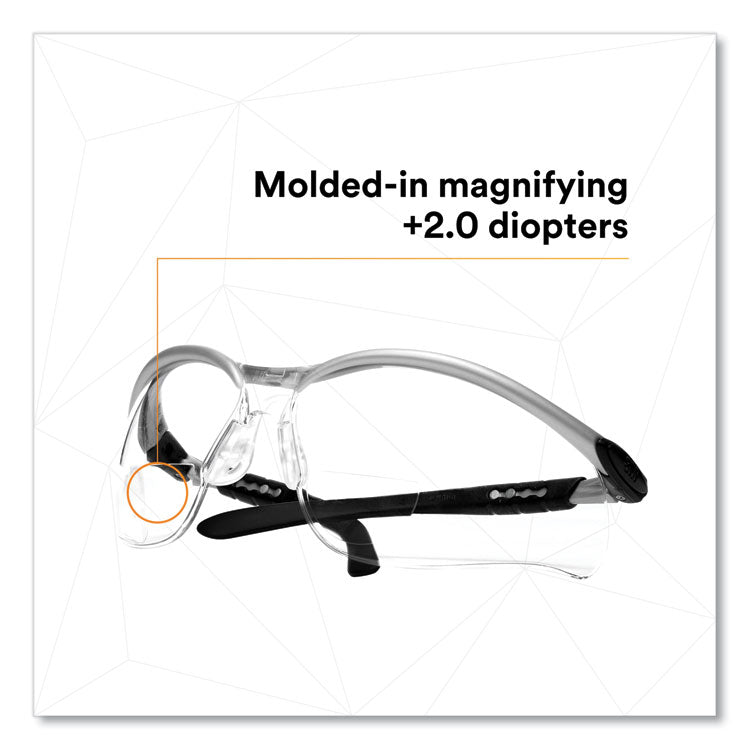 BX Molded-In Diopter Safety Glasses, 2.0+ Diopter, Silver/Black Half Frame, Clear Dual Lens