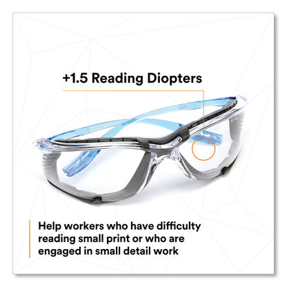 Virtua CCS Protective Eyewear with Foam Gasket, 1.5+ Diopter, Blue Half Frame, Clear Dual Lens