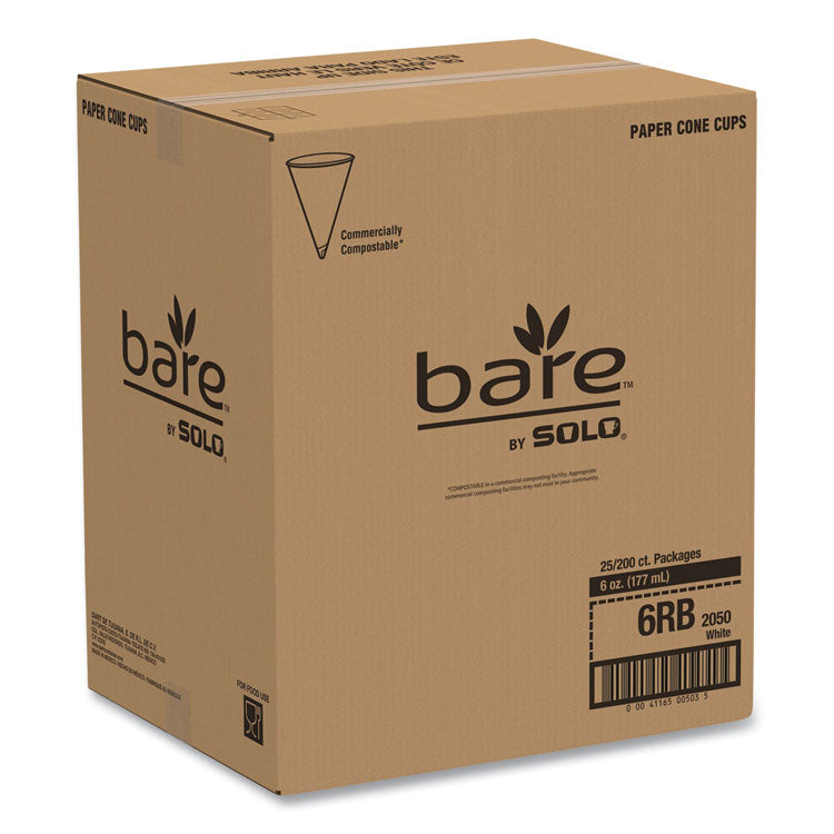 Bare Eco-Forward Treated Paper Cone Cups, ProPlanet Seal, 6 oz, White, 200/Sleeve, 25 Sleeves/Carton