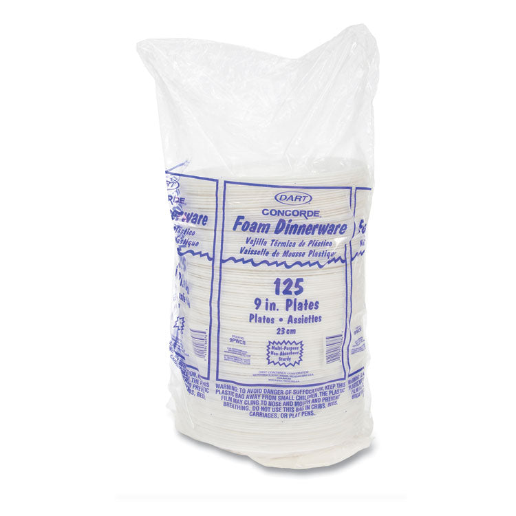Concorde Non-Laminated Foam Plates, 9" dia, White, 125/Pack