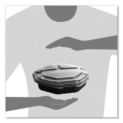 OctaView Hinged-Lid Hot Food Containers, 3 Compartments, 38 oz, 9.55 x 9.1 x 2.4, Black/Clear, Plastic, 100/Carton