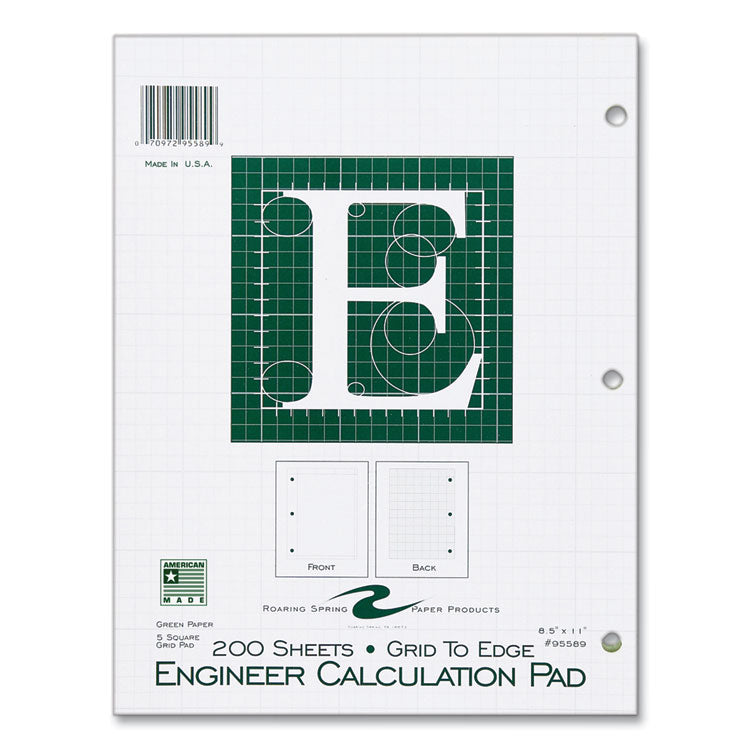 Engineer Pad, Data Format (1.25" Margin) and Quadrille Rule (5 sq/in, 1 sq/in), (200) Light Green 8.5 x 11 Sheets, 12/Carton
