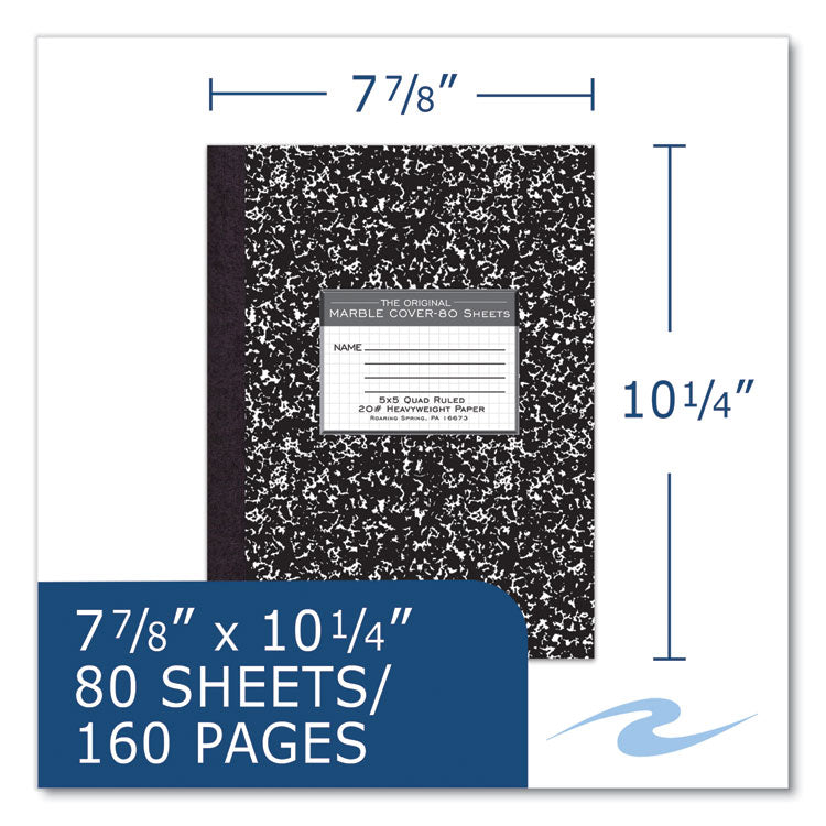 Hardcover Marble Composition Book, Quadrille Rule (5 sq/in), Black Marble Cover, (80) 10.25 x 7.88 Sheets, 24/Carton