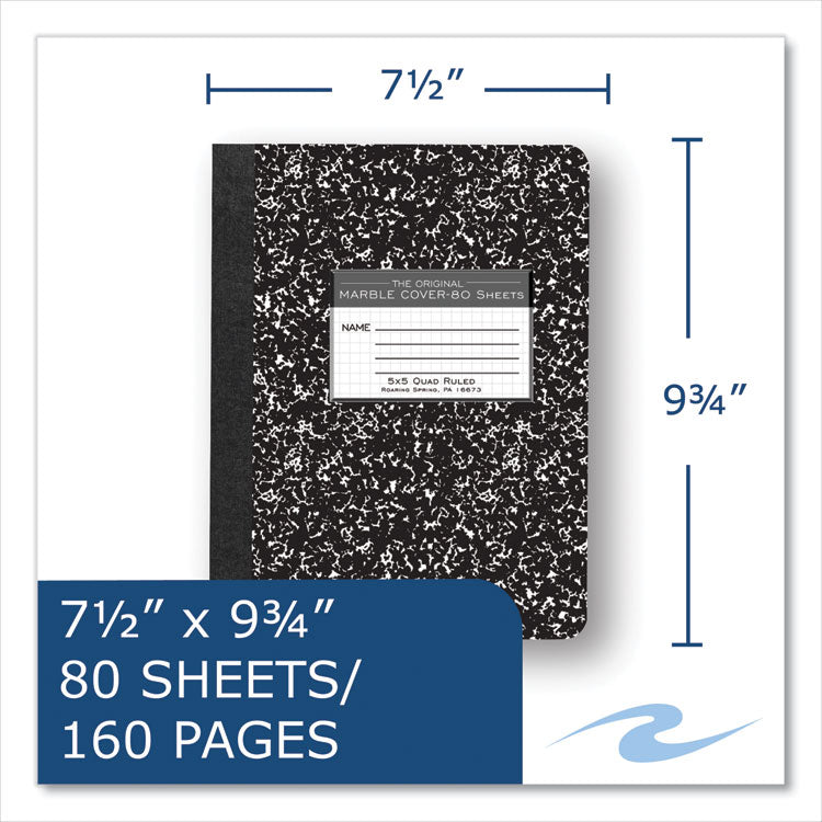 Hardcover Marble Composition Book, Quadrille Rule (5 sq/in), Black Marble Cover, (80) 9.75 x 7.5 Sheets, 48/Carton