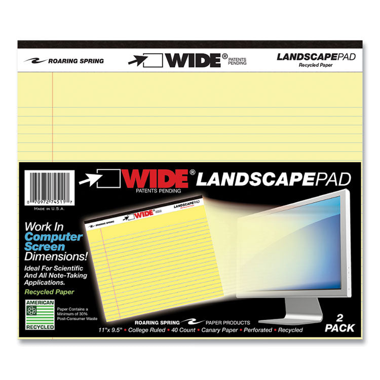 WIDE Landscape Format Writing Pad, Medium/College Rule, (40) Canary Yellow 11 x 8.5 Sheets, 18/Carton