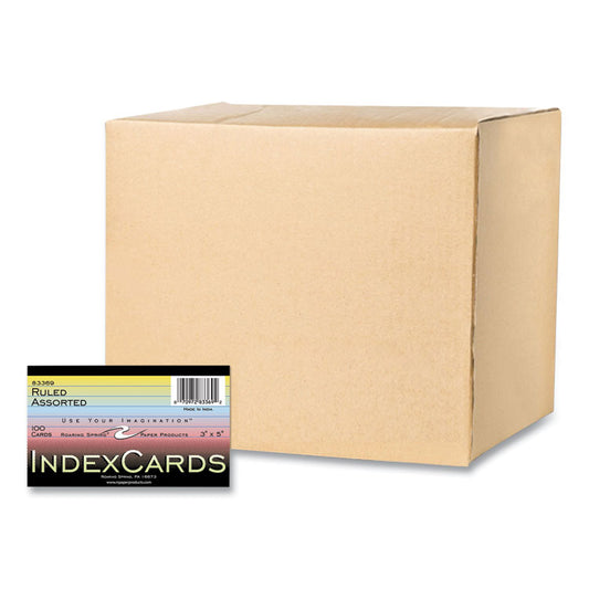 Colored Index Cards, 3 x 5, Assorted Colors, 100/Pack, 36 Packs/Carton