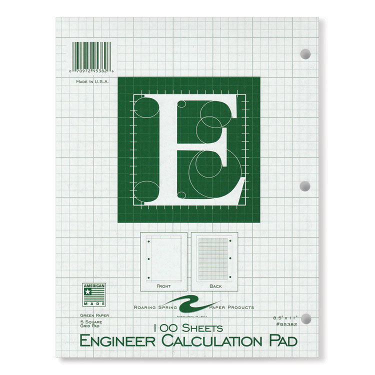 Engineer Pad, Data Format (0.5" Margin) and Quadrille Rule (5 sq/in, 1 sq/in), (100) Light Green 8.5 x 11 Sheets, 24/Carton