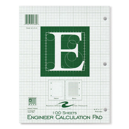 Engineer Pad, Data Format (0.5" Margin) and Quadrille Rule (5 sq/in, 1 sq/in), (100) Light Green 8.5 x 11 Sheets, 24/Carton
