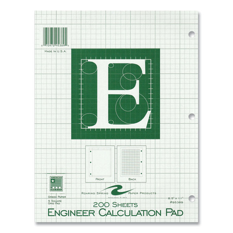 Engineer Pad, Data Format (0.5" Margin) and Quadrille Rule (5 sq/in, 1 sq/in), (200) Light Green 8.5 x 11 Sheets, 12/Carton