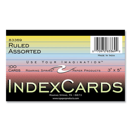 Colored Index Cards, 3 x 5, Assorted Colors, 100/Pack, 36 Packs/Carton