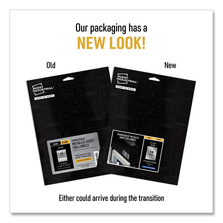 PermaTrack Metallic Asset Tag Labels, Laser Printers, 1.25 x 2.75, Silver, 14/Sheet, 8 Sheets/Pack