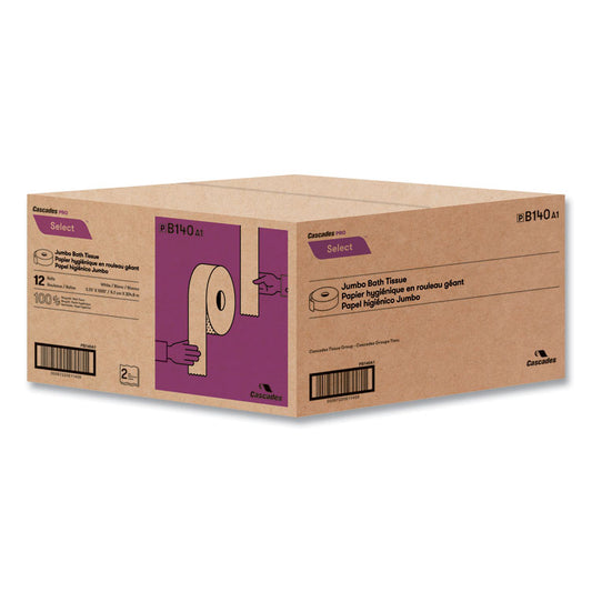 Select Jumbo Bath Tissue, Septic Safe, 2 Ply, 3.3" x 1,000 ft, White, 12 Rolls/Carton