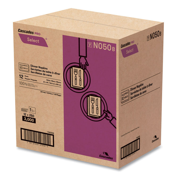 Select Dinner Napkins, 1-Ply, 16 x 15, White, 250/Pack, 12/Carton