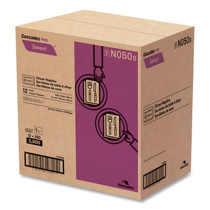 Select Dinner Napkins, 1-Ply, 16 x 15, White, 250/Pack, 12/Carton