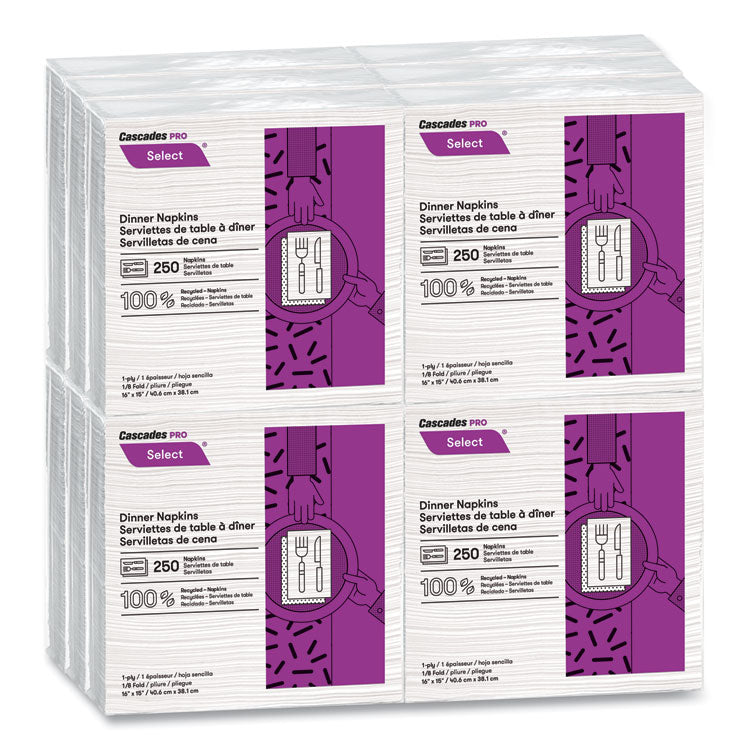 Select Dinner Napkins, 1-Ply, 16 x 15, White, 250/Pack, 12/Carton