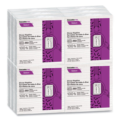 Select Dinner Napkins, 1-Ply, 16 x 15, White, 250/Pack, 12/Carton