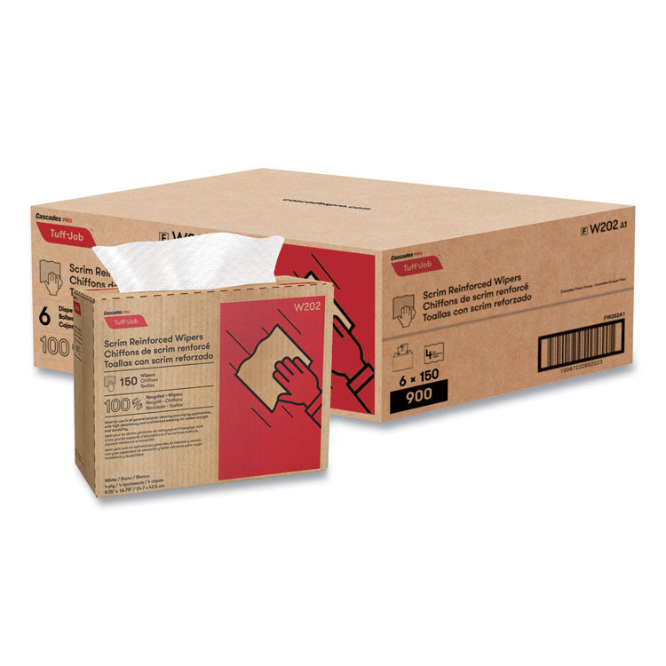 Tuff-Job Scrim Reinforced Wipers, 4-Ply, 9.75 x 16.75, White, 150/Box, 6 Box/Carton