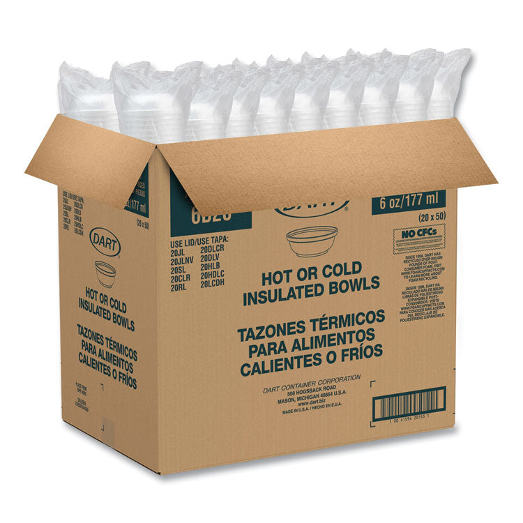 Insulated Foam Bowls, 6 oz, White, 50/Pack, 20 Packs/Carton