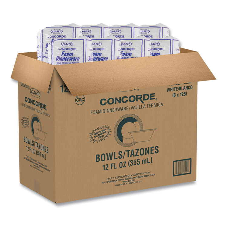Concorde Foam Bowl, 10, 12 oz, White, 125/Pack, 8 Packs/Carton