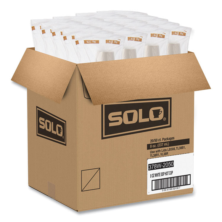 Single-Sided Poly Paper Hot Cups, 8 oz, White, 50/Bag, 20 Bags/Carton