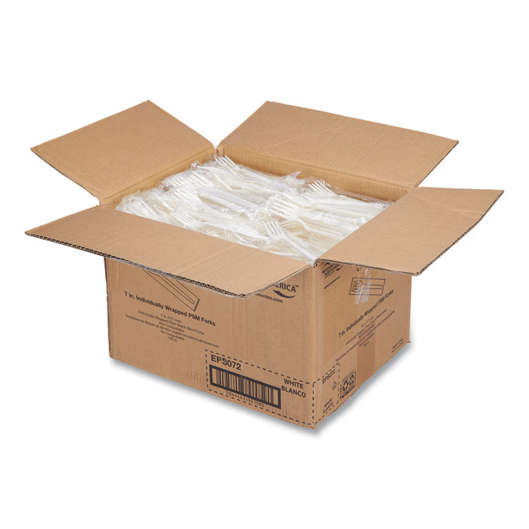 EcoSense Renewable Plant Starch Cutlery, Individually Wrapped, Mediumweight Fork, Plastic, Natural, 750/Carton
